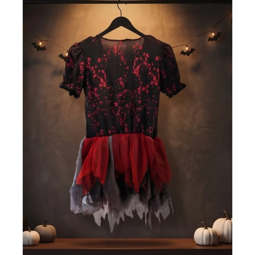 Kids Creepy Clown Halloween Costume Dress with Mini Top Hat Set Black Red Large